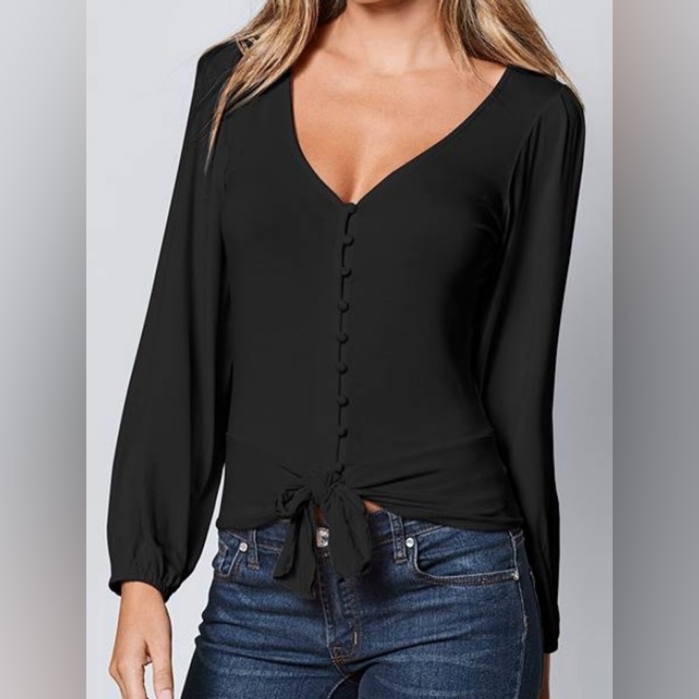 NWOT VENUS Black V-Neck Tie-Front Button-Up Top Sz XS